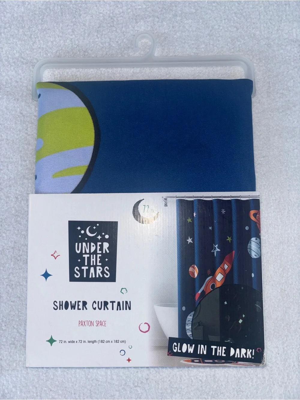 Under The Stars Shower Curtain, Space Design, Glow In The Dark 72”x72” NWT